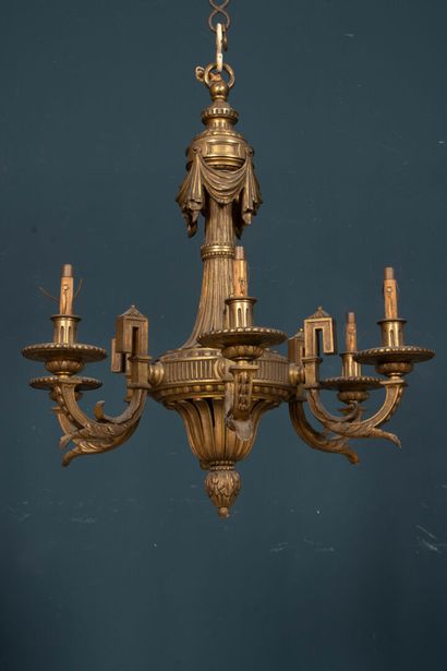 Six-light bronze chandelier with draperies...