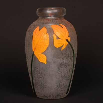 DAUM.
Baluster vase with hemmed neck in thick,...