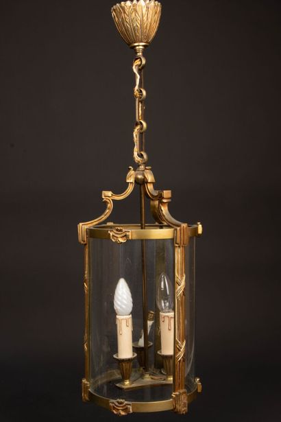 Brass glass and bronze three-light cylindrical...