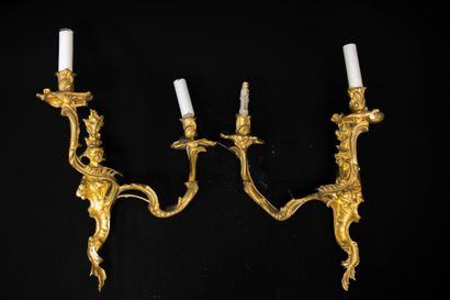 Pair of gilt bronze sconces with two asymmetrical...