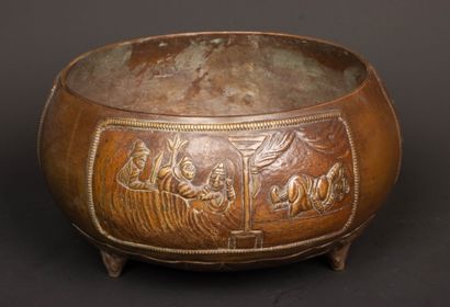 Asian bronze bowl decorated with life scenes...