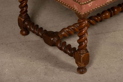 Turned wood stool with fabric upholstery...