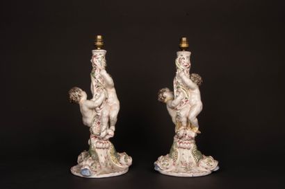 Important pair of polychrome enameled earthenware...