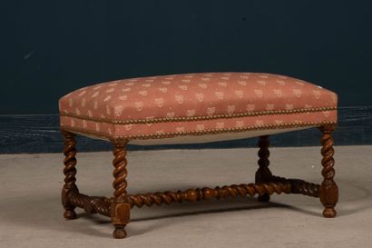 Turned wood stool with fabric upholstery...