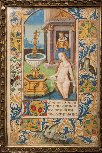 Two rare illuminated leaves from the 15th...