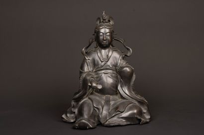 Large black patina bronze figure of Guanyin...