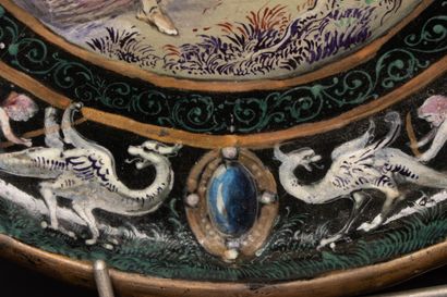 Stoneware dish with enameled decoration of...