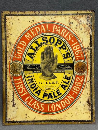 Allsopp's. 
Plaque publicitaire en tôle lithographiée....
