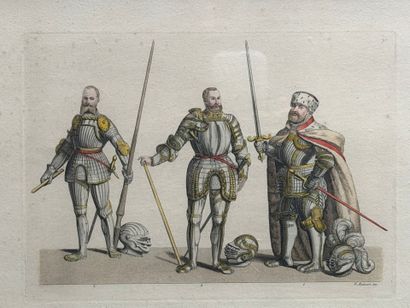 Trois chevaliers. 
Gravure encadrée réhaussée...