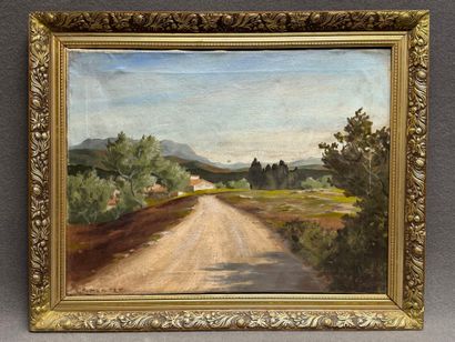 MONTET. 
Chemin de campagne.
huile sur toile,...