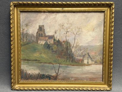 Eglise de village. 
huile sur toile. 
46...