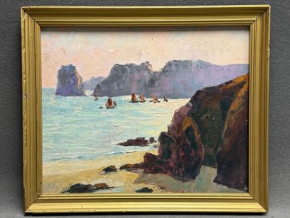 Voiliers au bord de mer. 
huile sur toile
46...
