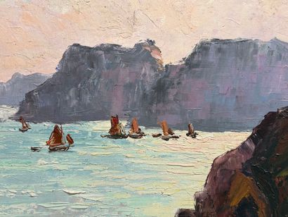 Voiliers au bord de mer. 
huile sur toile
46...