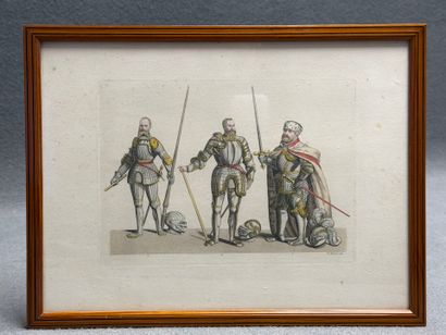 Trois chevaliers. 
Gravure encadrée réhaussée...