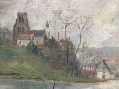Eglise de village. 
huile sur toile. 
46...