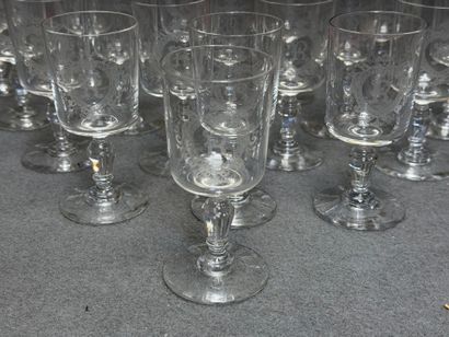 Partie de service de verres gravés d'un R.
Début...