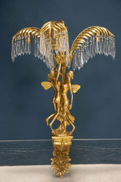 Paire de grandes appliques palmier en bronze...