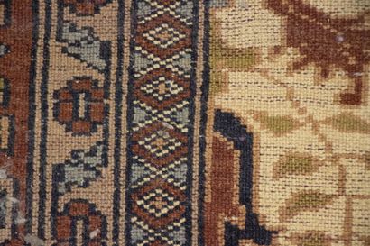 Grand tapis laine tisse main à fond beige.
340...