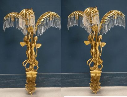 Paire de grandes appliques palmier en bronze...