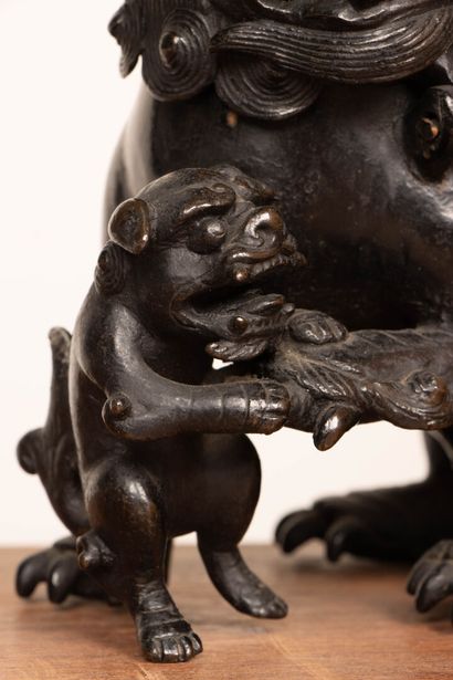 Chien de Fô et son petit, en bronze patiné,...