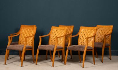 Suite of 6 armchairs in woven fruitwood veneer
Modern...