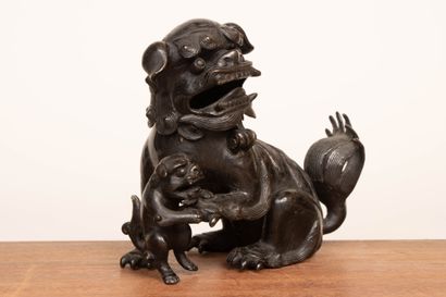 Chien de Fô et son petit, en bronze patiné,...