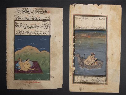 Deux feuillets de miniatures indiennes érotiques.
XIX°...
