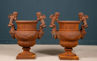 Paire de vasques de jardin en fonte à décor...