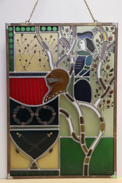 Vitrail moderne à décor médiéval. 
56 x 40...