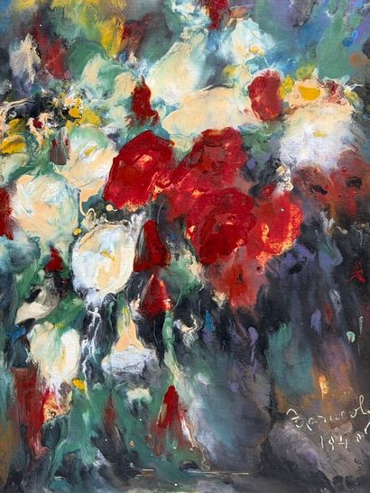 Bouquet de fleurs abstrait. 
huile sur carton,...