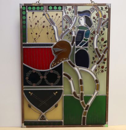 Vitrail moderne à décor médiéval. 
56 x 40...