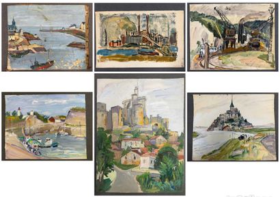 Lot de six peintures sur papier. 
38 x 46...