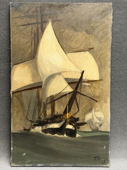 Marine XX°:
Frégate. 
huile sur toile, signée...