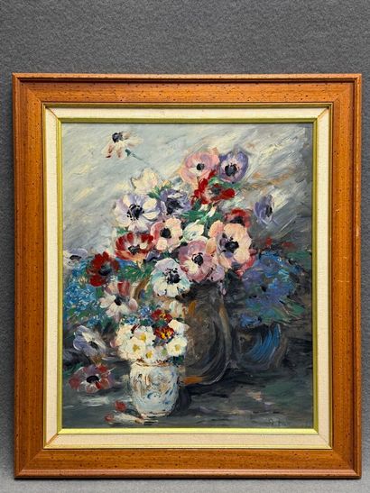 Bouquet d'anémones 
huile sur panneau, signée...