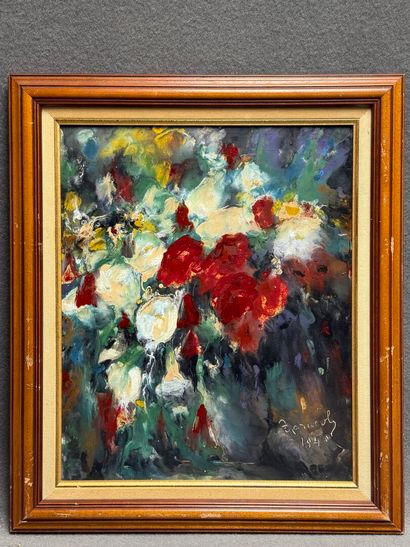 Bouquet de fleurs abstrait. 
huile sur carton,...