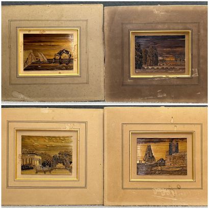 Quatre petits tableaux en marqueterie de...