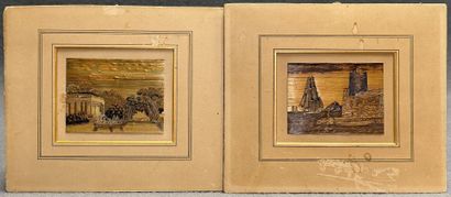 Quatre petits tableaux en marqueterie de...