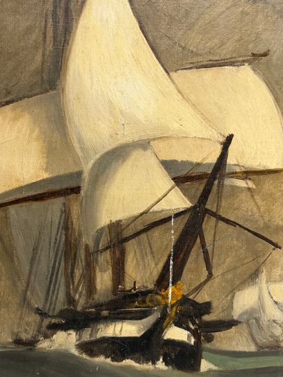 Marine XX°:
Frégate. 
huile sur toile, signée...