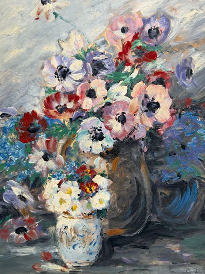 Bouquet d'anémones 
huile sur panneau, signée...