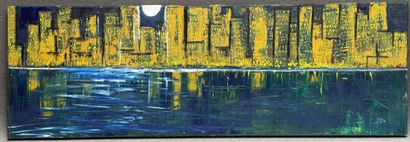 ART XXI°
Vue de ville au bord de l'eau. 
huile...