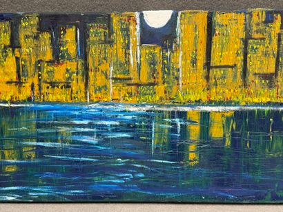 ART XXI°
Vue de ville au bord de l'eau. 
huile...