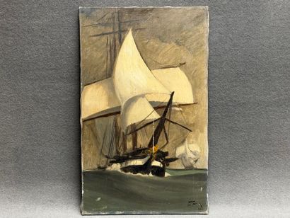 Marine XX°:
Frégate. 
huile sur toile, signée...