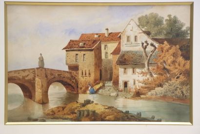 Ecole Française XIX°
Lavandière sous un pont
Aquarelle...