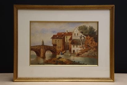 Ecole Française XIX°
Lavandière sous un pont
Aquarelle...