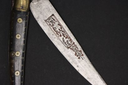 Grand couteau type navaja.
Manche à plaquette...