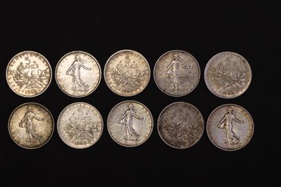 Ensemble de 10 pièces de 5 francs argent...