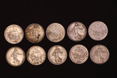 Ensemble de 10 pièces de 5 francs argent...
