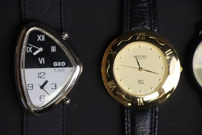 Sept montres à larges cadrans. 
Geo time,...
