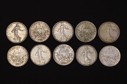Ensemble de 10 pièces de 5 francs argent...