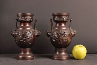 JAPON vers 1900 
Paire de vases en bronze...